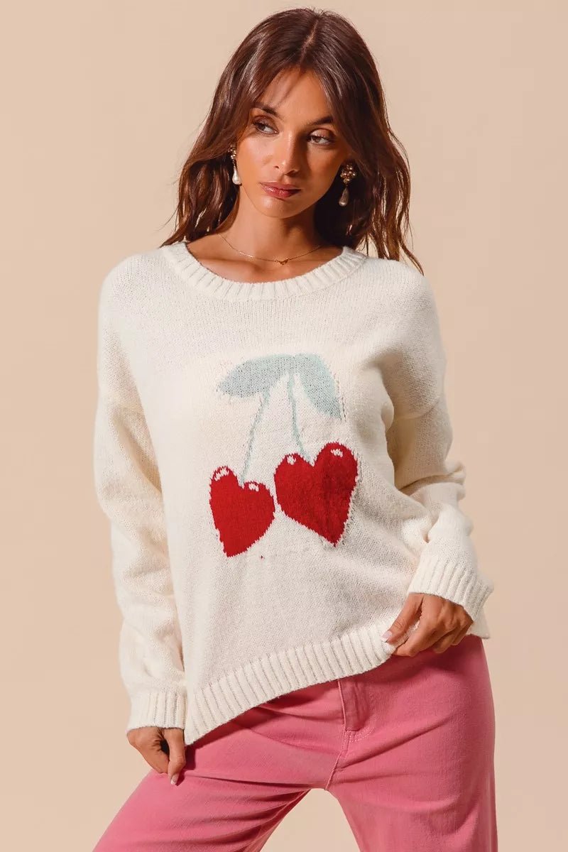 SO ME Heart Cherry Knitted Valentine Sweater Top - Bitsy Gypsy Boutique