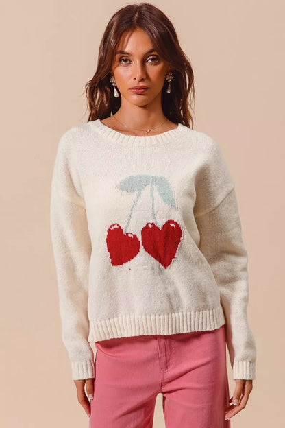 SO ME Heart Cherry Knitted Valentine Sweater Top - Bitsy Gypsy Boutique