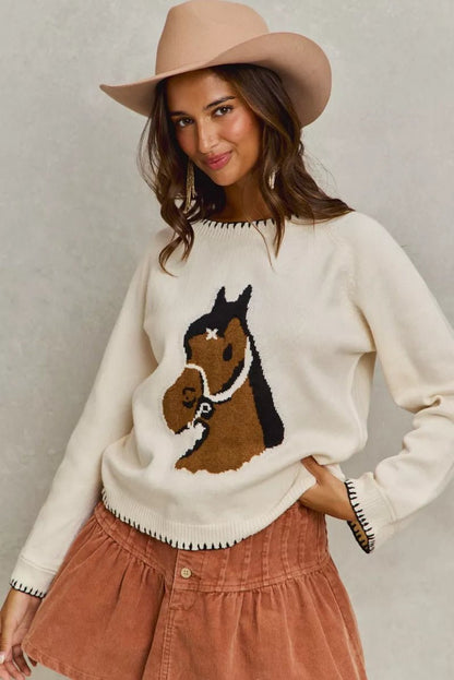 SO ME Horse Knit Sweater Top with Blanket Stitch - Bitsy Gypsy Boutique