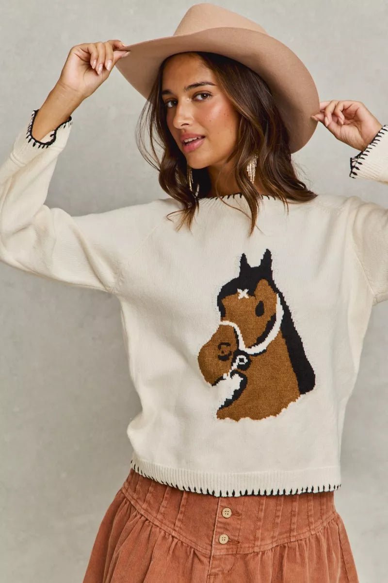 SO ME Horse Knit Sweater Top with Blanket Stitch - Bitsy Gypsy Boutique