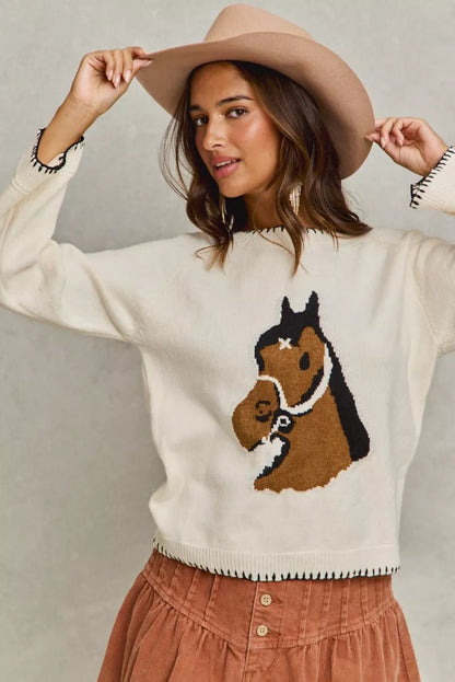 SO ME Horse Knit Sweater Top with Blanket Stitch - Bitsy Gypsy Boutique