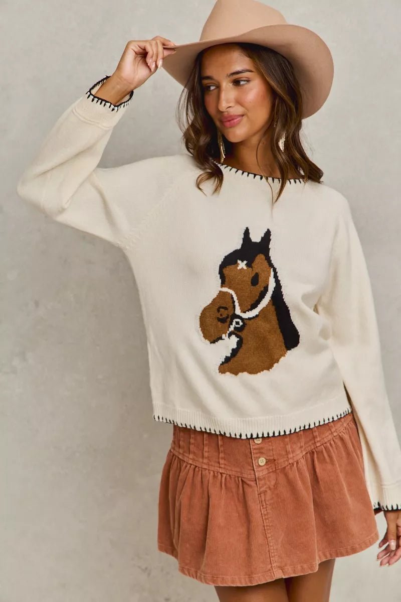 SO ME Horse Knit Sweater Top with Blanket Stitch - Bitsy Gypsy Boutique
