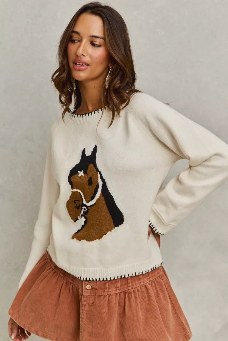 SO ME Horse Knit Sweater Top with Blanket Stitch - Bitsy Gypsy Boutique