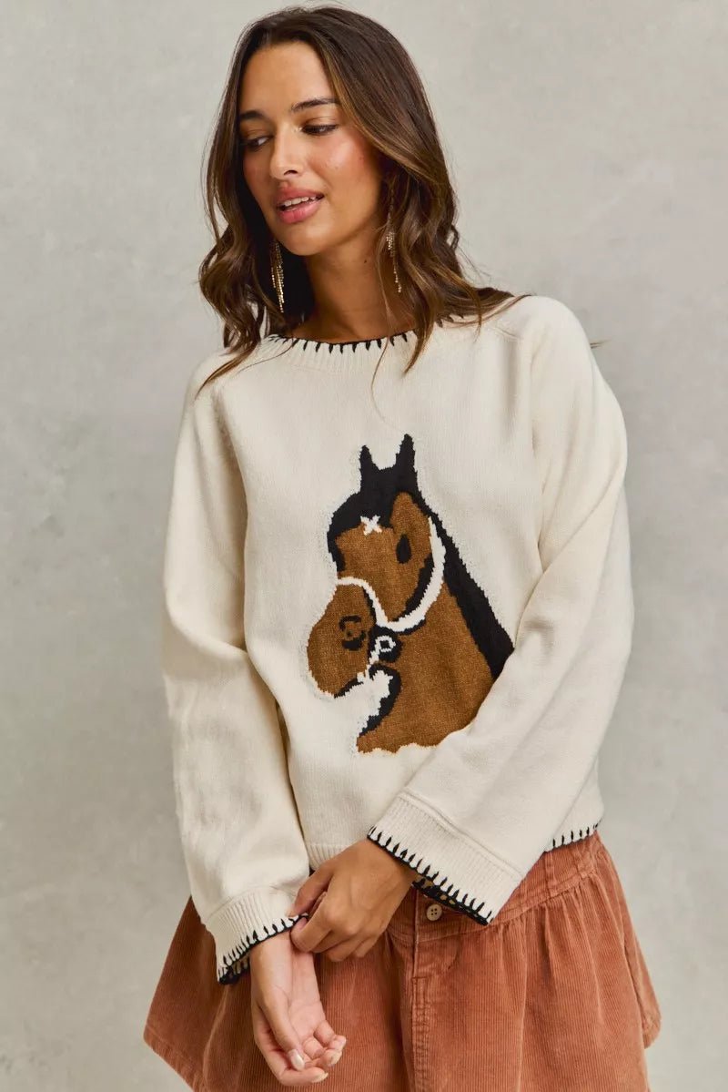 SO ME Horse Knit Sweater Top with Blanket Stitch - Bitsy Gypsy Boutique