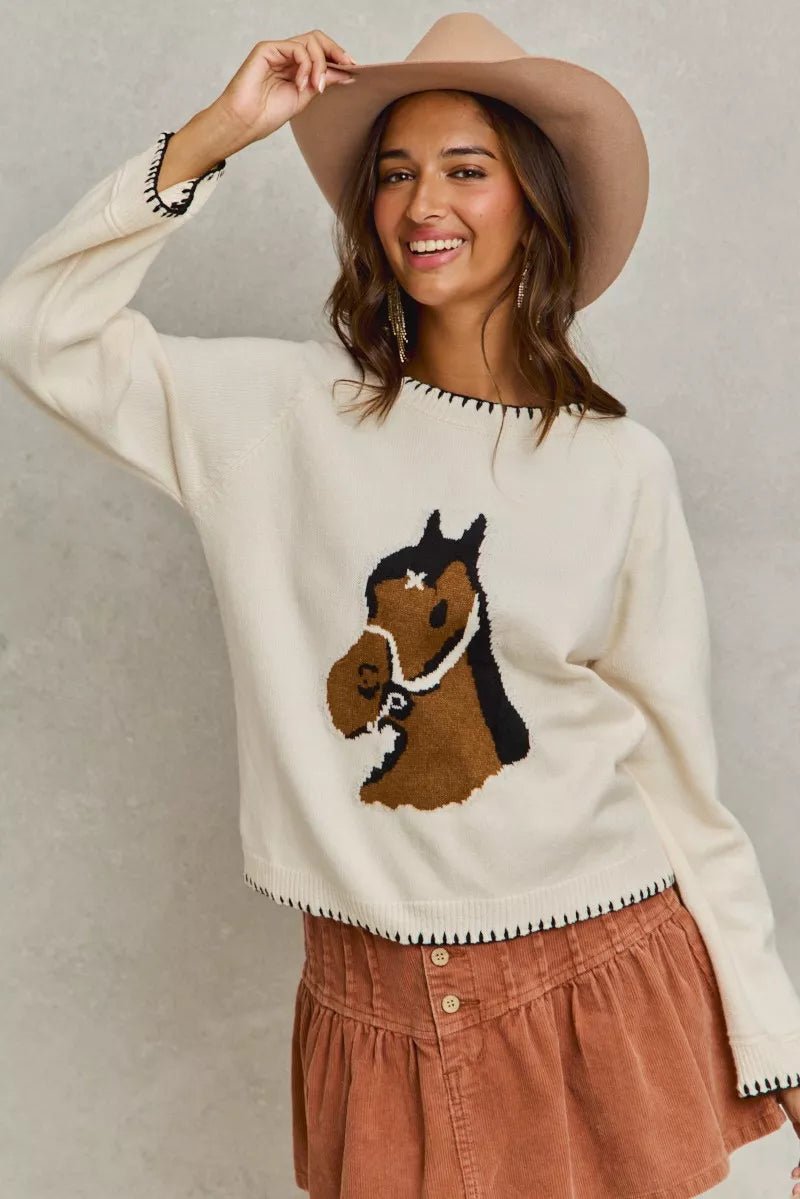 SO ME Horse Knit Sweater Top with Blanket Stitch - Bitsy Gypsy Boutique
