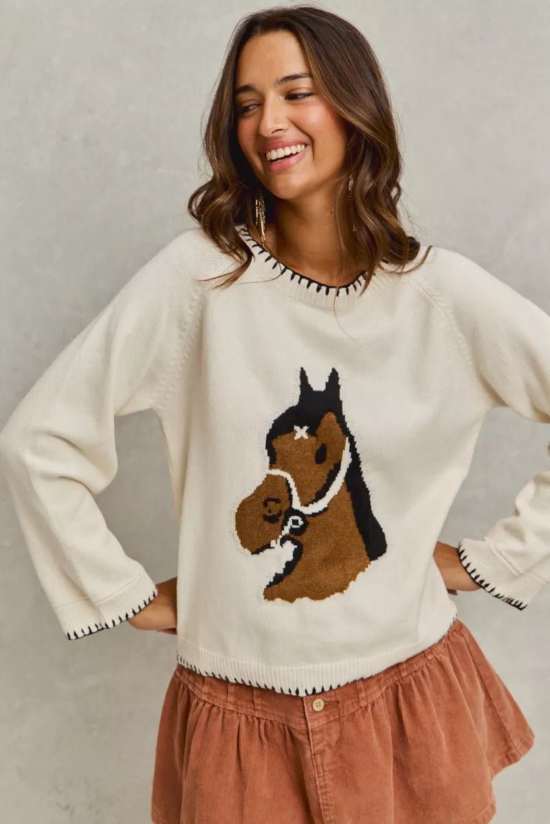 SO ME Horse Knit Sweater Top with Blanket Stitch - Bitsy Gypsy Boutique