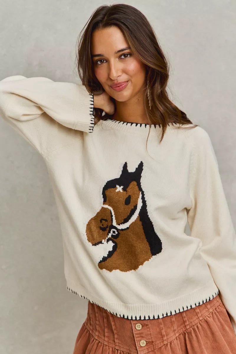 SO ME Horse Knit Sweater Top with Blanket Stitch - Bitsy Gypsy Boutique