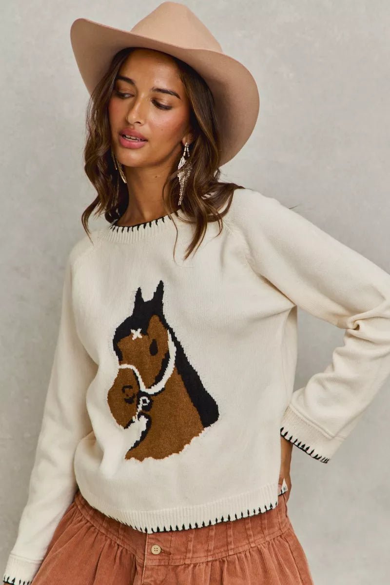 SO ME Horse Knit Sweater Top with Blanket Stitch - Bitsy Gypsy Boutique