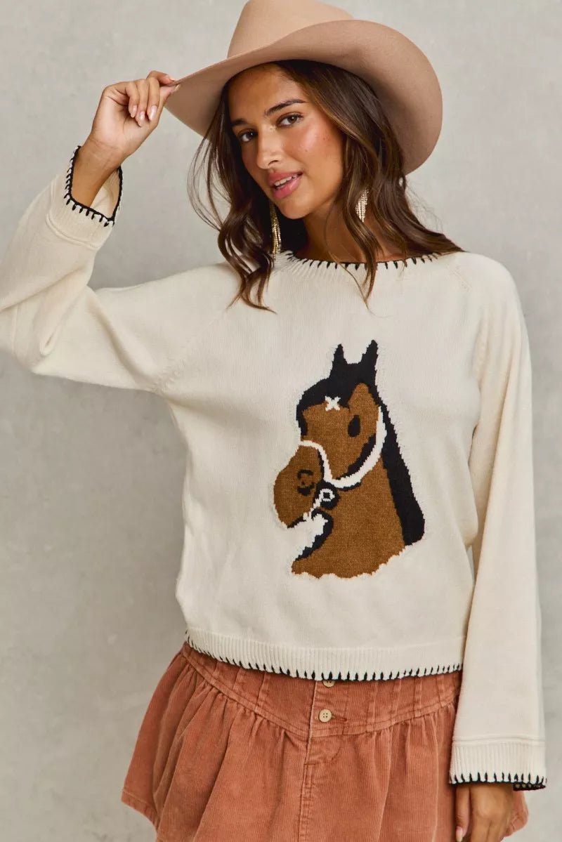 SO ME Horse Knit Sweater Top with Blanket Stitch - Bitsy Gypsy Boutique