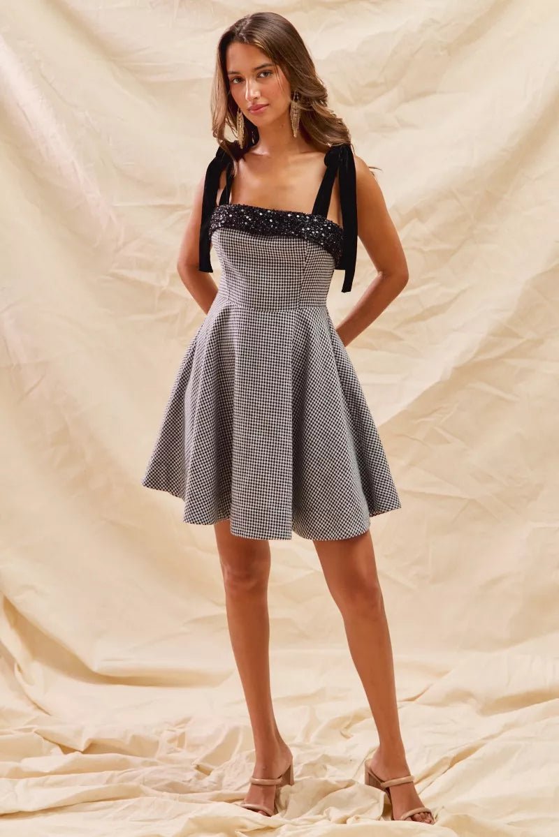 SO ME Houndstooth Fit Flare Mini Dress with Shoulder Tie - Bitsy Gypsy Boutique