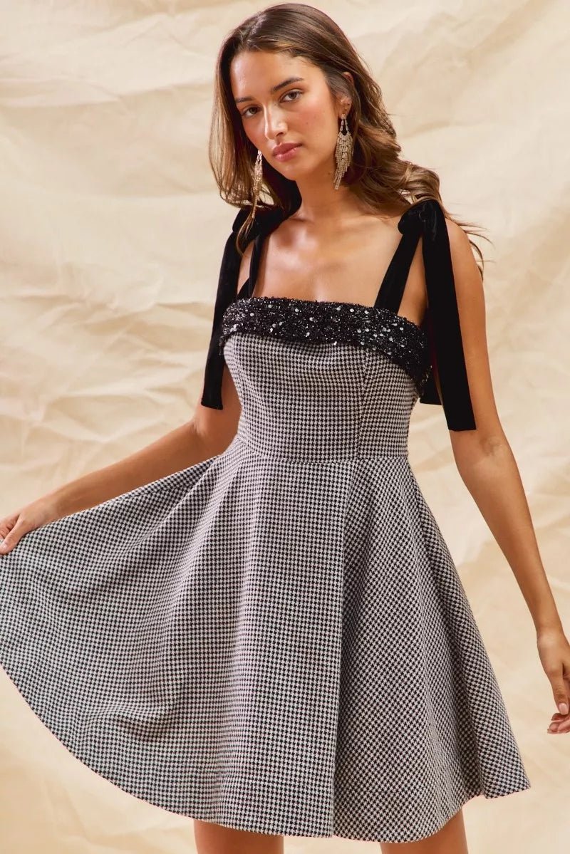 SO ME Houndstooth Fit Flare Mini Dress with Shoulder Tie - Bitsy Gypsy Boutique