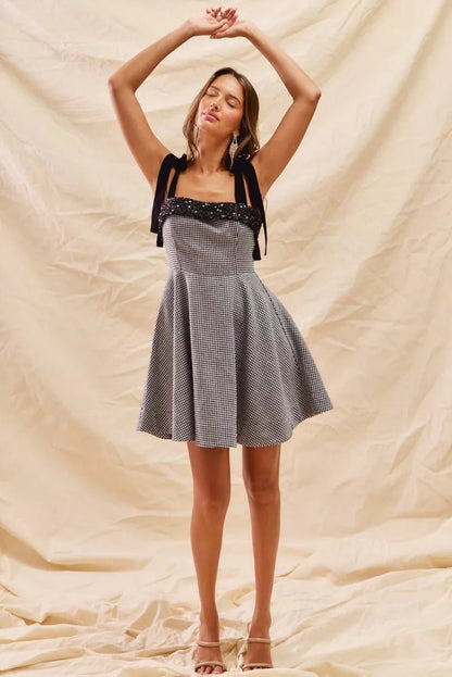 SO ME Houndstooth Fit Flare Mini Dress with Shoulder Tie - Bitsy Gypsy Boutique