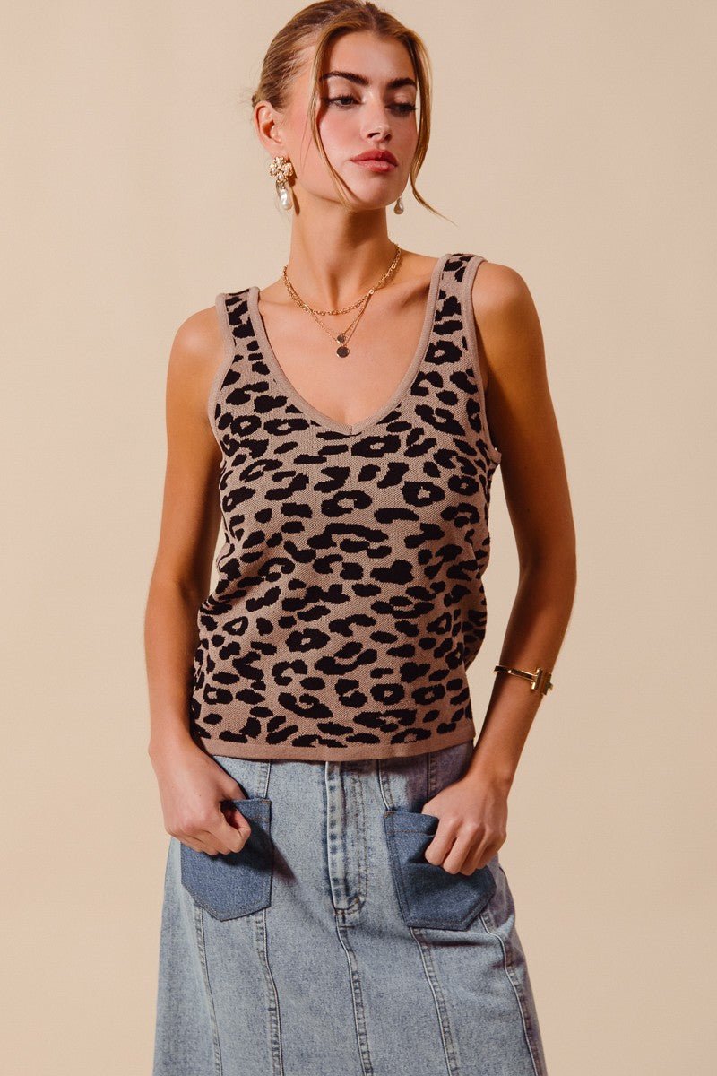 SO ME Leopard Knitted Lightweight V Neck Tank Top - Bitsy Gypsy Boutique