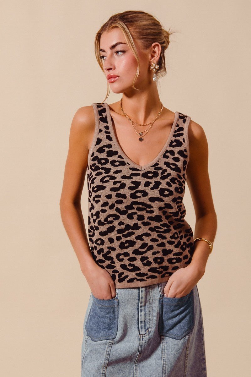 SO ME Leopard Knitted Lightweight V Neck Tank Top - Bitsy Gypsy Boutique