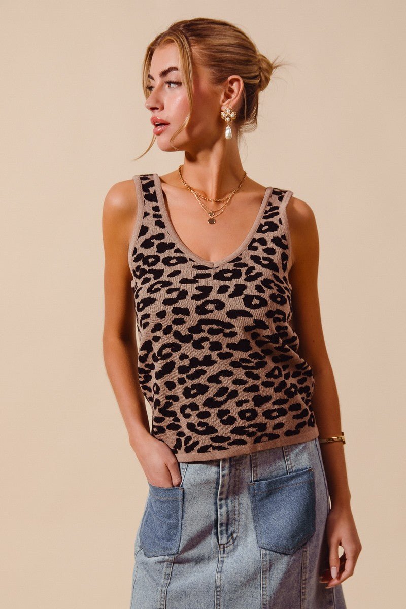 SO ME Leopard Knitted Lightweight V Neck Tank Top - Bitsy Gypsy Boutique