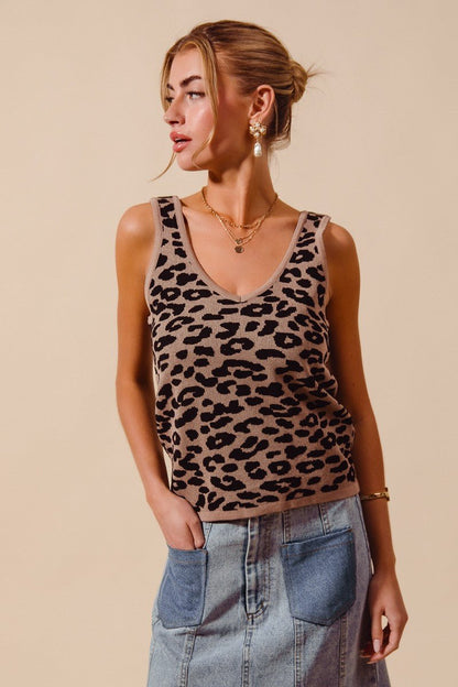SO ME Leopard Knitted Lightweight V Neck Tank Top - Bitsy Gypsy Boutique
