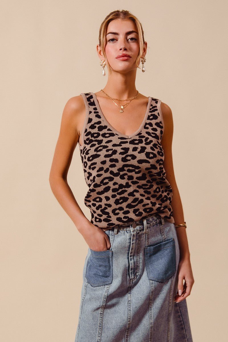 SO ME Leopard Knitted Lightweight V Neck Tank Top - Bitsy Gypsy Boutique