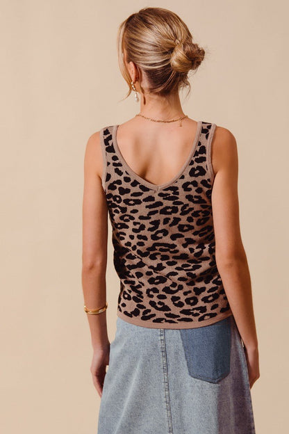 SO ME Leopard Knitted Lightweight V Neck Tank Top - Bitsy Gypsy Boutique