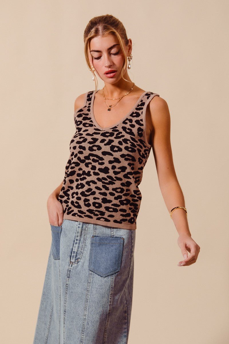 SO ME Leopard Knitted Lightweight V Neck Tank Top - Bitsy Gypsy Boutique