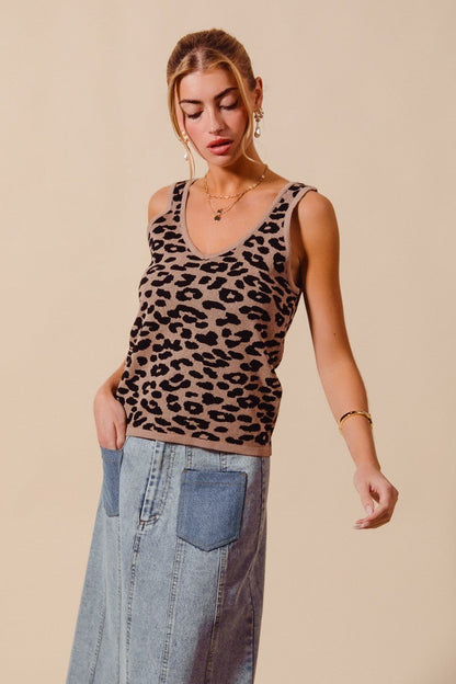 SO ME Leopard Knitted Lightweight V Neck Tank Top - Bitsy Gypsy Boutique