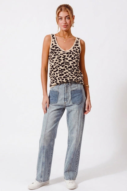 SO ME Leopard Knitted Lightweight V Neck Tank Top - Bitsy Gypsy Boutique