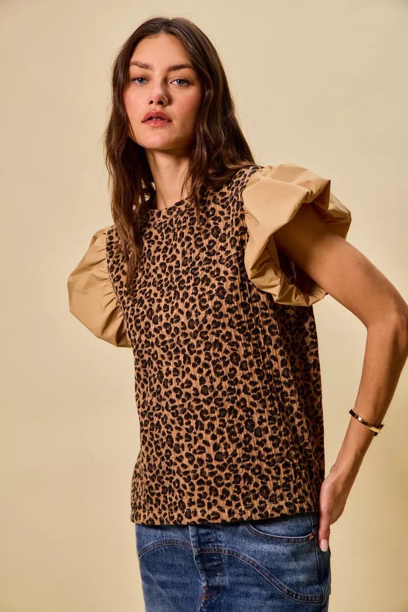 SO ME Leopard Pointelle Knit Top with Puff Sleeves - Bitsy Gypsy Boutique