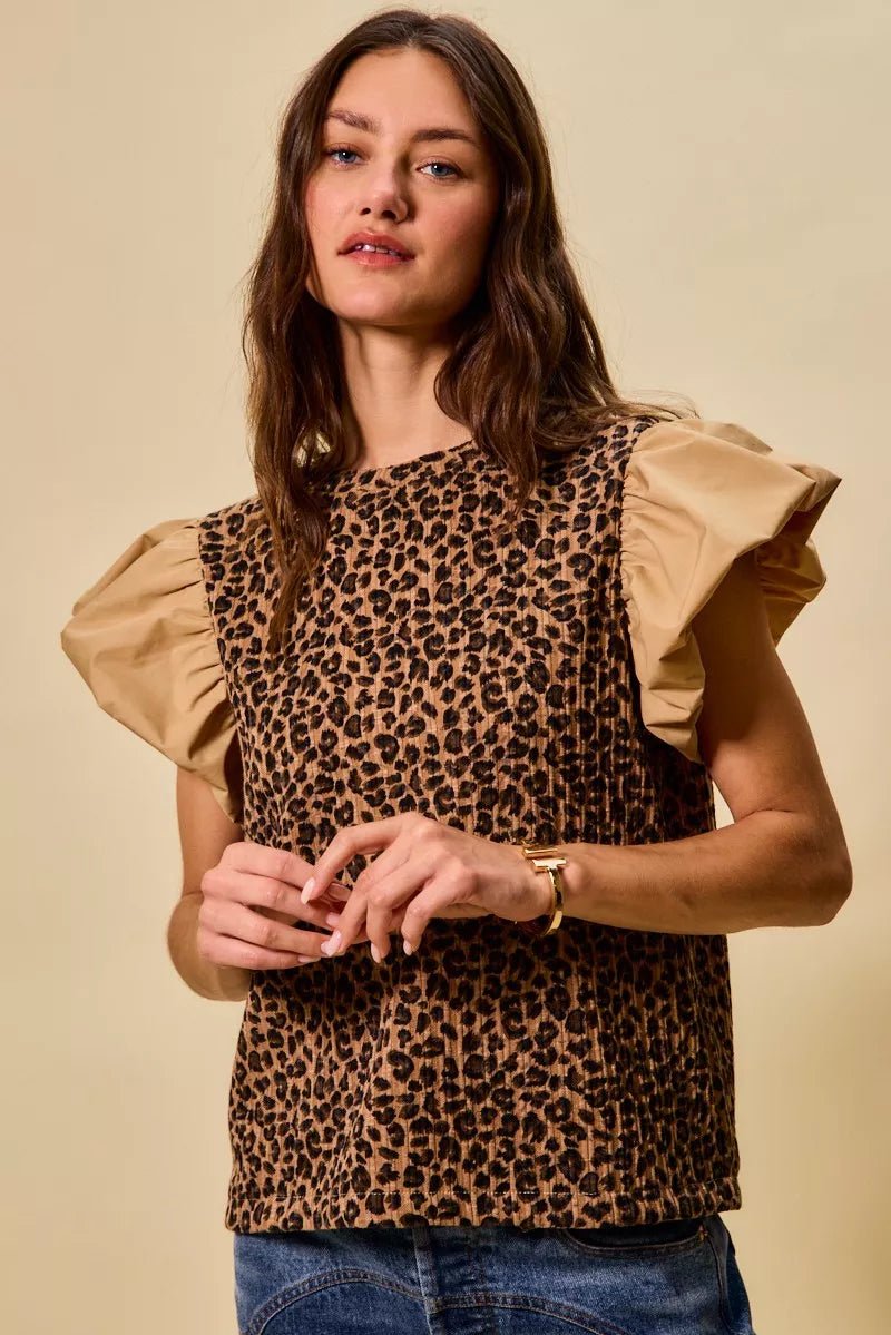 SO ME Leopard Pointelle Knit Top with Puff Sleeves - Bitsy Gypsy Boutique
