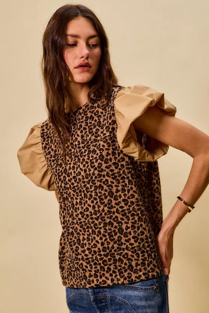 SO ME Leopard Pointelle Knit Top with Puff Sleeves - Bitsy Gypsy Boutique