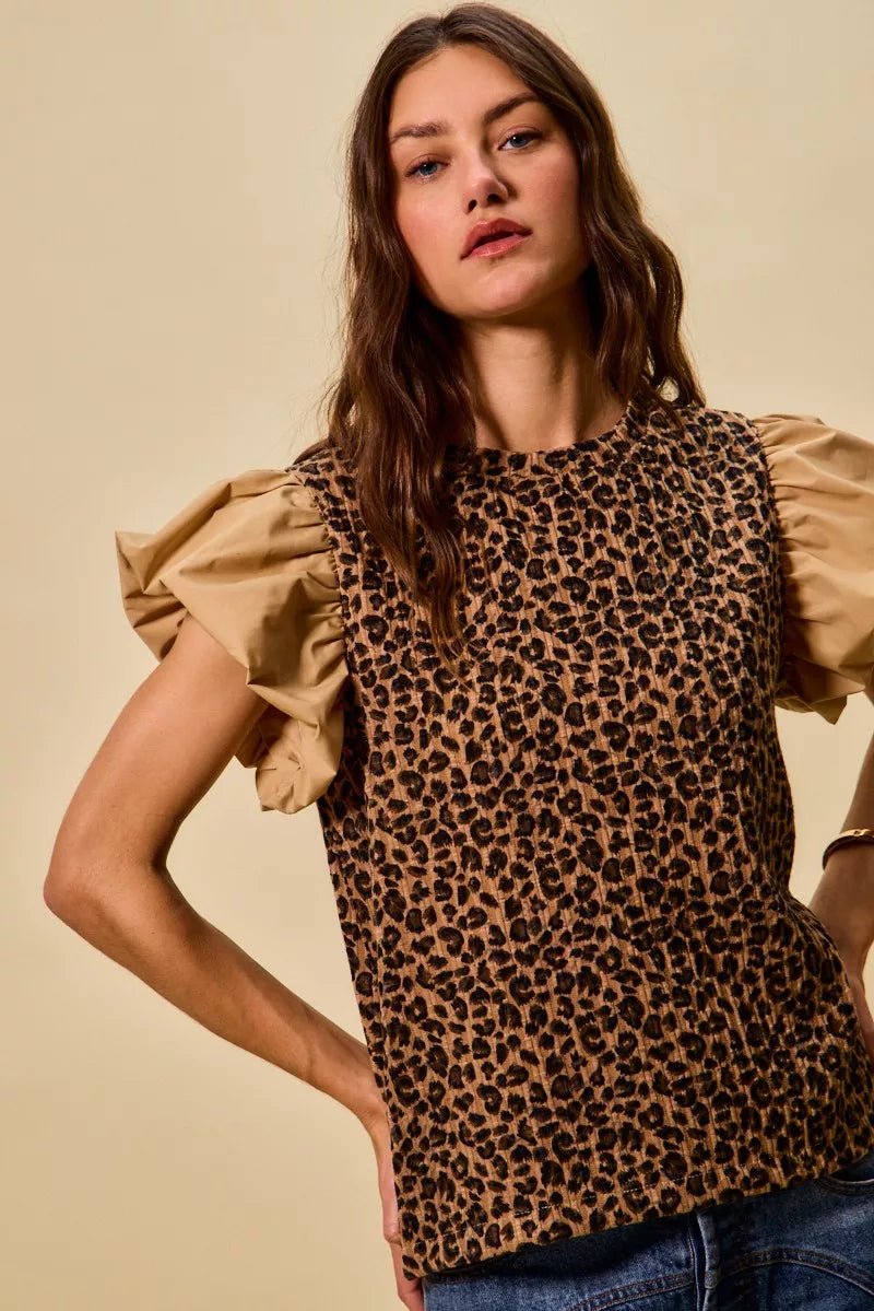 SO ME Leopard Pointelle Knit Top with Puff Sleeves - Bitsy Gypsy Boutique