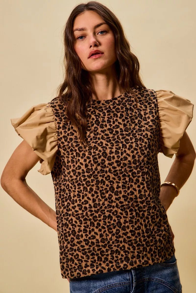 SO ME Leopard Pointelle Knit Top with Puff Sleeves - Bitsy Gypsy Boutique