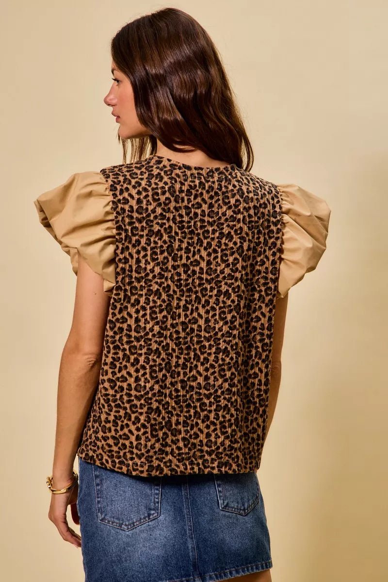 SO ME Leopard Pointelle Knit Top with Puff Sleeves - Bitsy Gypsy Boutique