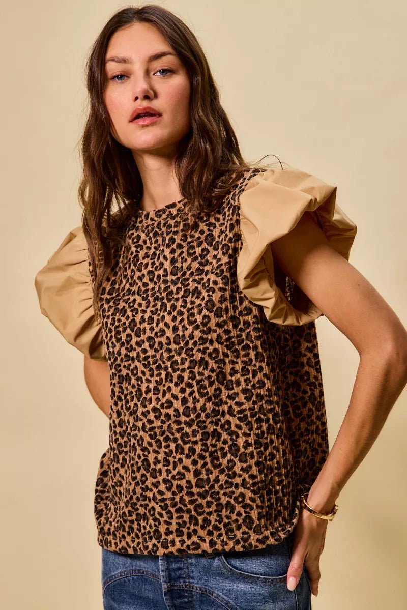 SO ME Leopard Pointelle Knit Top with Puff Sleeves - Bitsy Gypsy Boutique