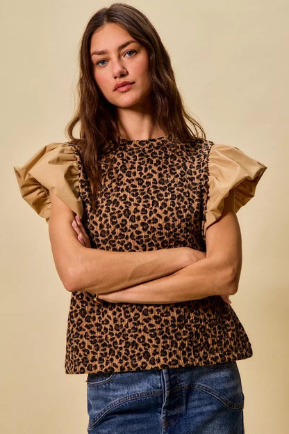 SO ME Leopard Pointelle Knit Top with Puff Sleeves - Bitsy Gypsy Boutique