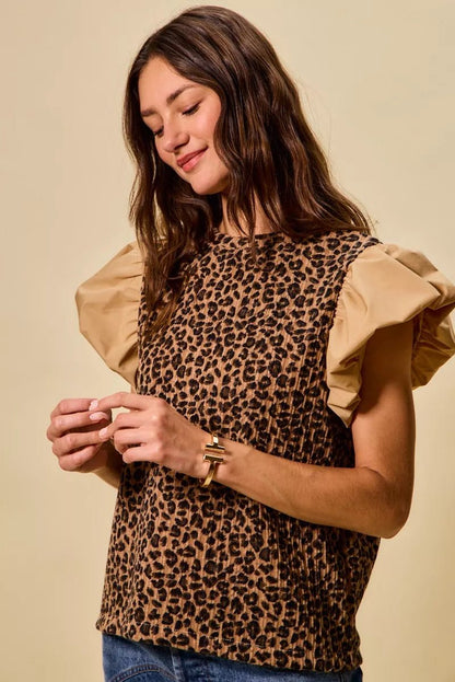 SO ME Leopard Pointelle Knit Top with Puff Sleeves - Bitsy Gypsy Boutique