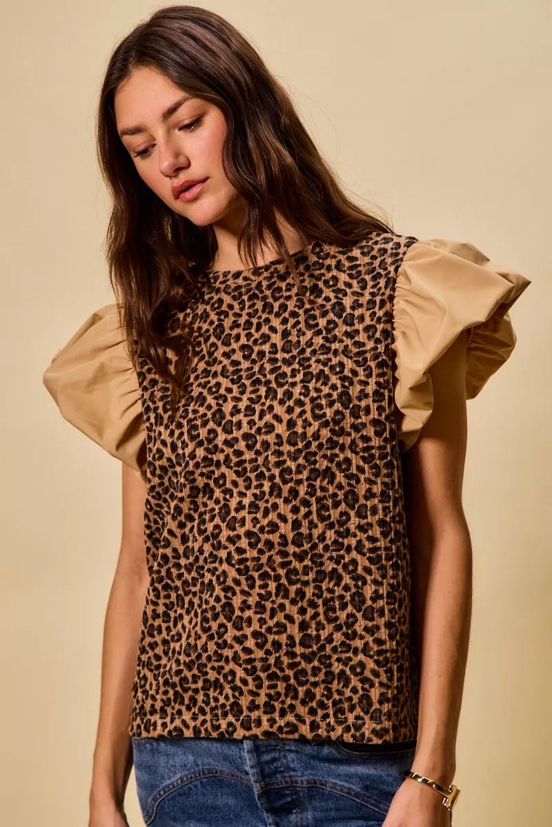 SO ME Leopard Pointelle Knit Top with Puff Sleeves - Bitsy Gypsy Boutique