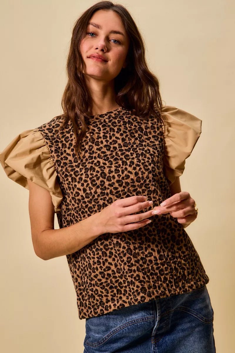 SO ME Leopard Pointelle Knit Top with Puff Sleeves - Bitsy Gypsy Boutique