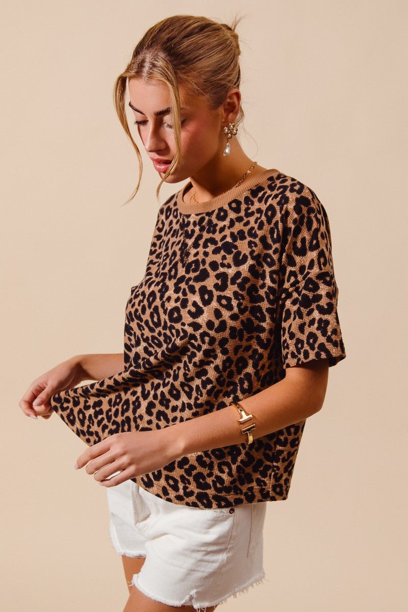 SO ME Leopard Thermal Waffle Knit Loose Fit Top - Bitsy Gypsy Boutique