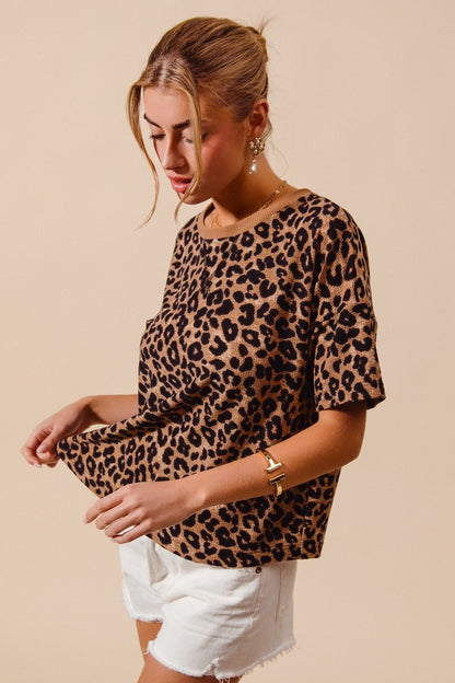 SO ME Leopard Thermal Waffle Knit Loose Fit Top - Bitsy Gypsy Boutique