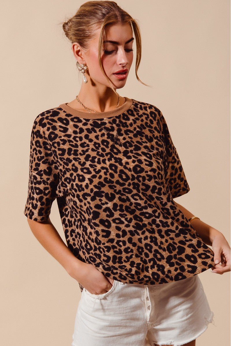 SO ME Leopard Thermal Waffle Knit Loose Fit Top - Bitsy Gypsy Boutique