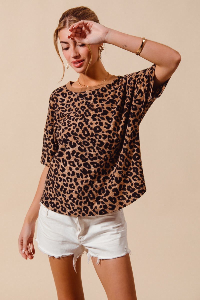 SO ME Leopard Thermal Waffle Knit Loose Fit Top - Bitsy Gypsy Boutique