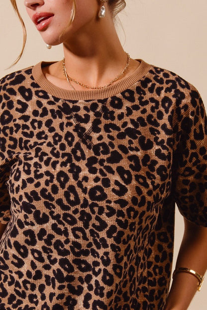 SO ME Leopard Thermal Waffle Knit Loose Fit Top - Bitsy Gypsy Boutique
