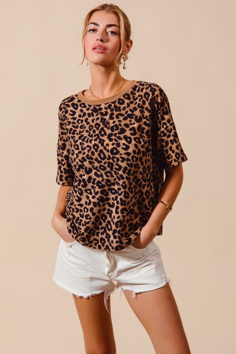 SO ME Leopard Thermal Waffle Knit Loose Fit Top - Bitsy Gypsy Boutique