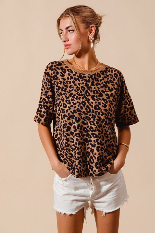 SO ME Leopard Thermal Waffle Knit Loose Fit Top - Bitsy Gypsy Boutique