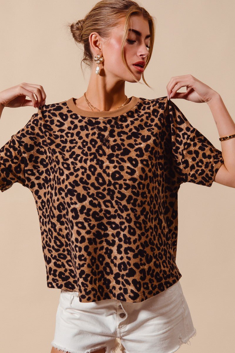 SO ME Leopard Thermal Waffle Knit Loose Fit Top - Bitsy Gypsy Boutique