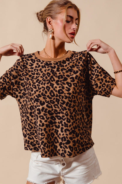 SO ME Leopard Thermal Waffle Knit Loose Fit Top - Bitsy Gypsy Boutique