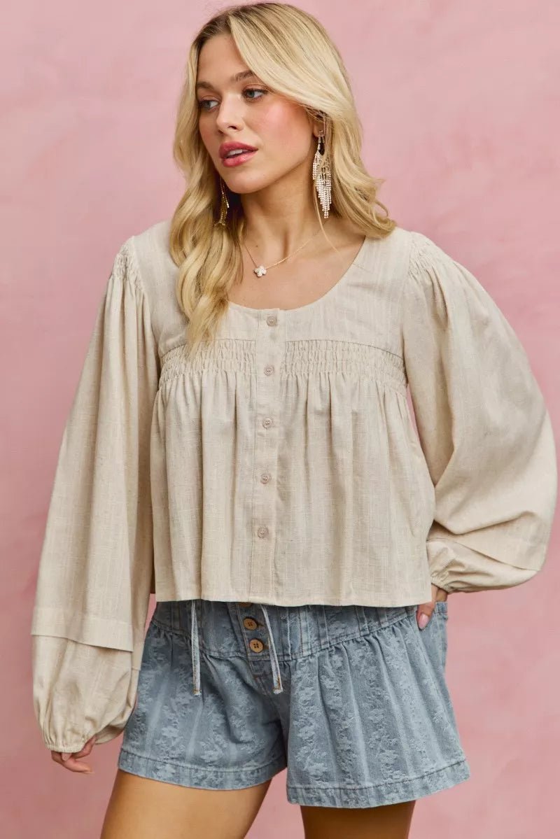 SO ME Linen Blend Woven Long Sleeve With Smocking Top - Bitsy Gypsy Boutique