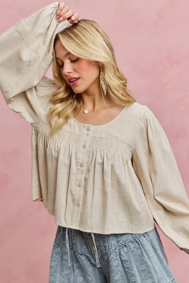 SO ME Linen Blend Woven Long Sleeve With Smocking Top - Bitsy Gypsy Boutique