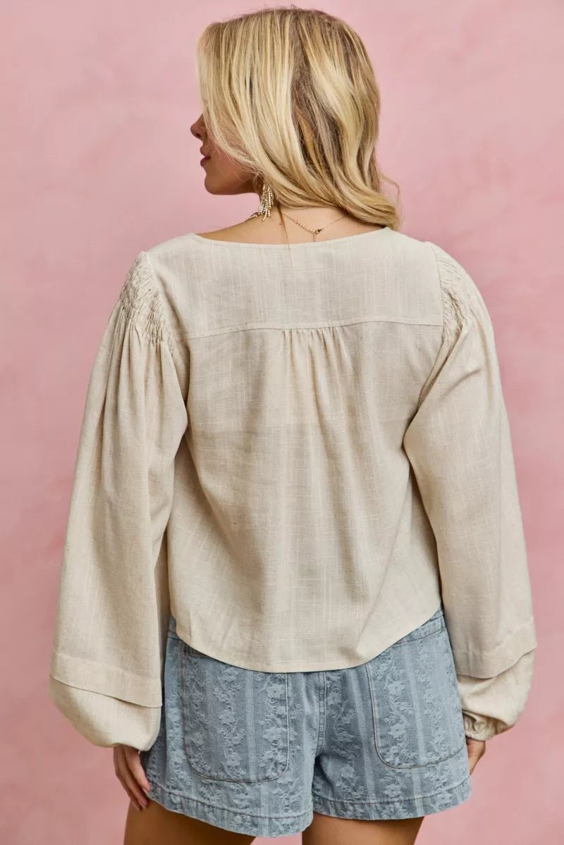 SO ME Linen Blend Woven Long Sleeve With Smocking Top - Bitsy Gypsy Boutique