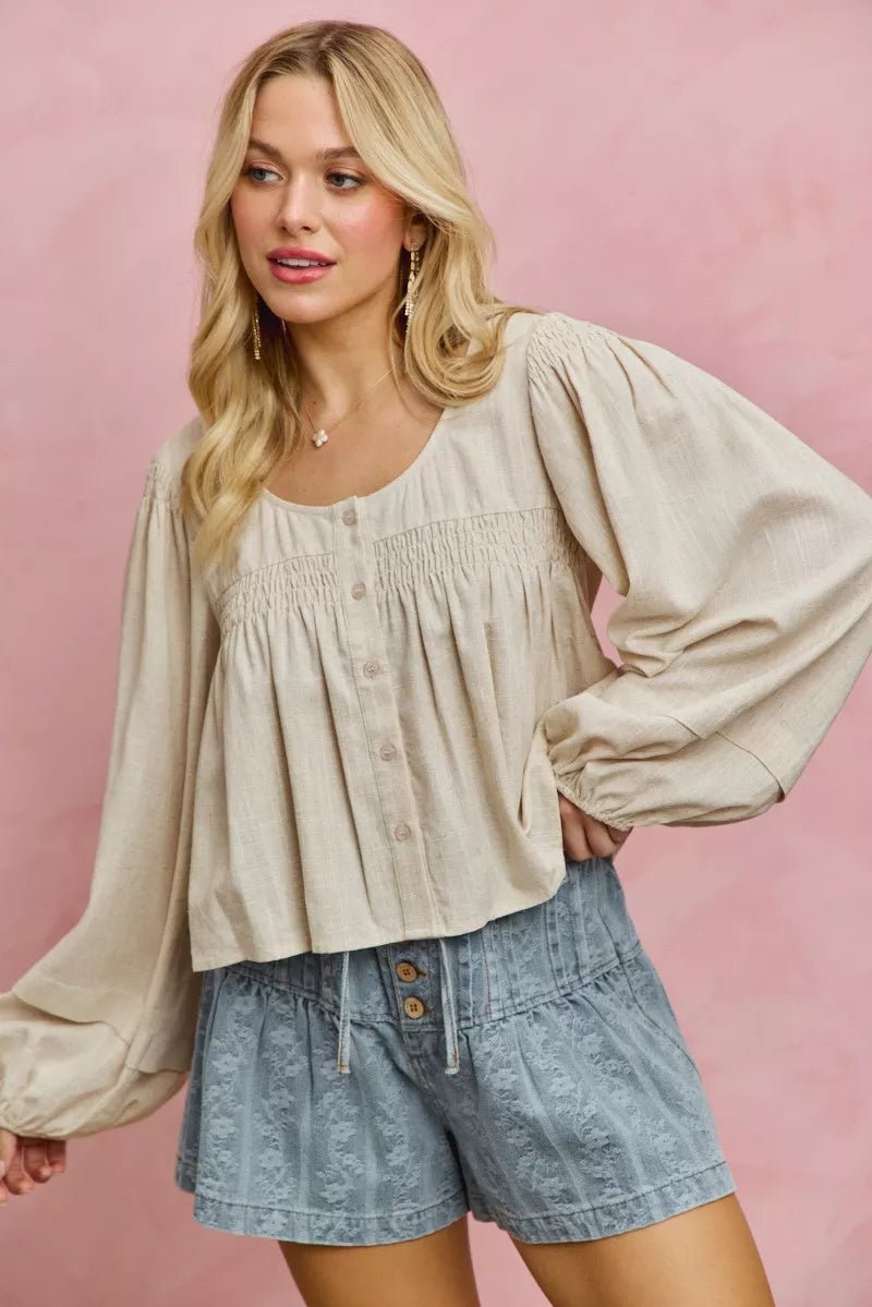 SO ME Linen Blend Woven Long Sleeve With Smocking Top - Bitsy Gypsy Boutique