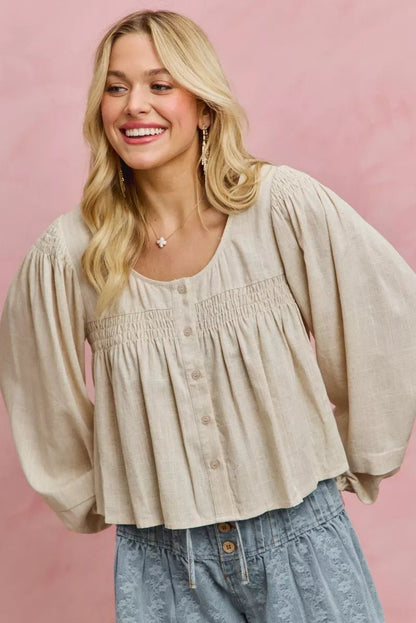 SO ME Linen Blend Woven Long Sleeve With Smocking Top - Bitsy Gypsy Boutique
